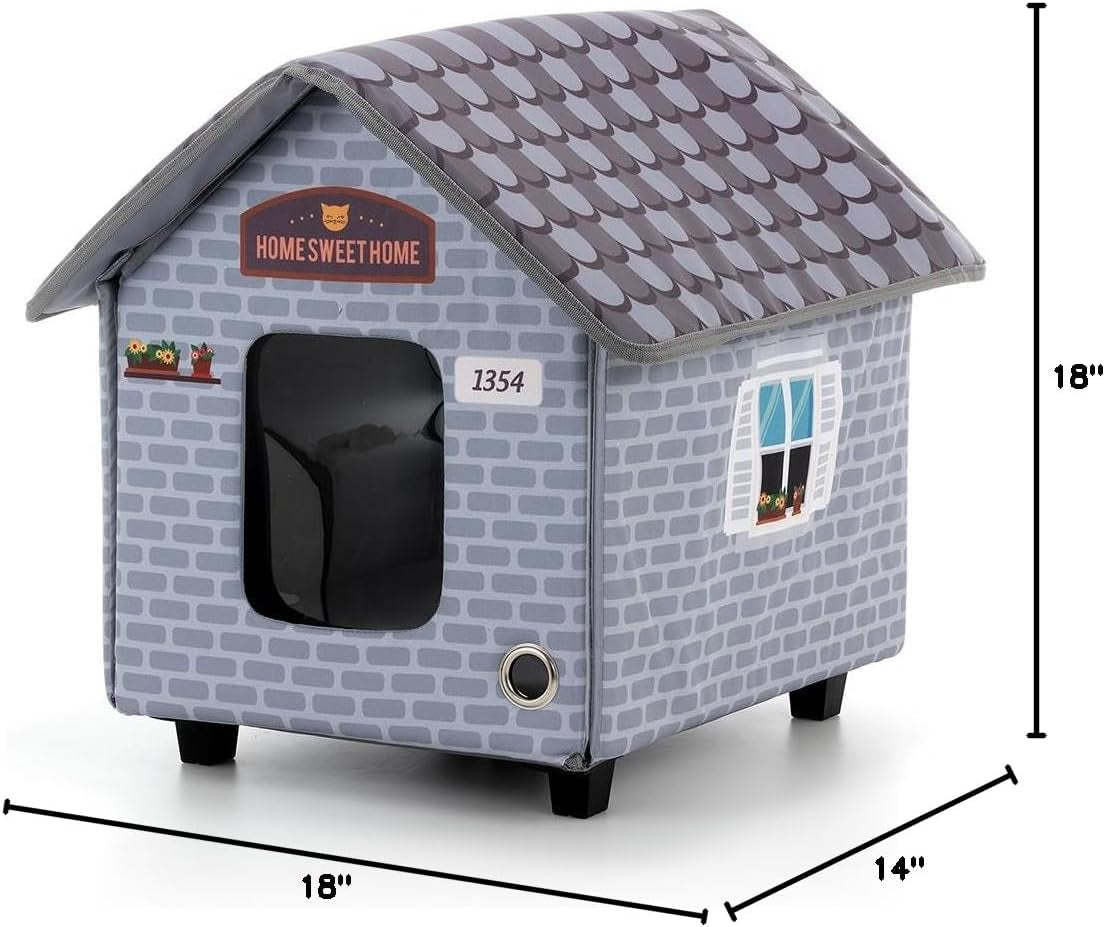 Deluxe Heated Cat House for Winter - Weatherproof, Insulated, Easy Assembly, Cat Heating Pad, Dual Escape Doors, Outdoor & Indoor Cat House - Brick Pethouse